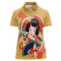Japanese Geisha Koi Fish Women Polo Shirt Cherry Blossoms Yellow Seigaiha Pattern - Wonder Print Shop