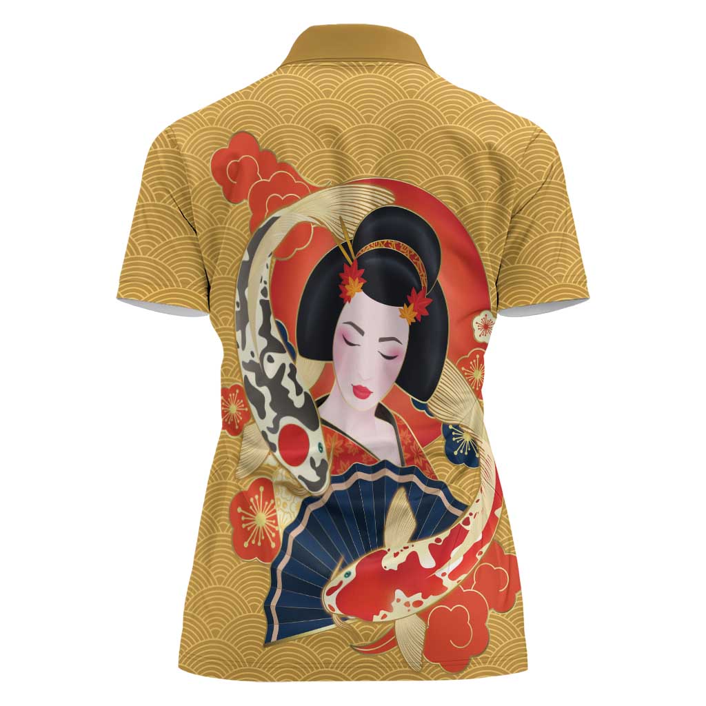 Japanese Geisha Koi Fish Women Polo Shirt Cherry Blossoms Yellow Seigaiha Pattern - Wonder Print Shop