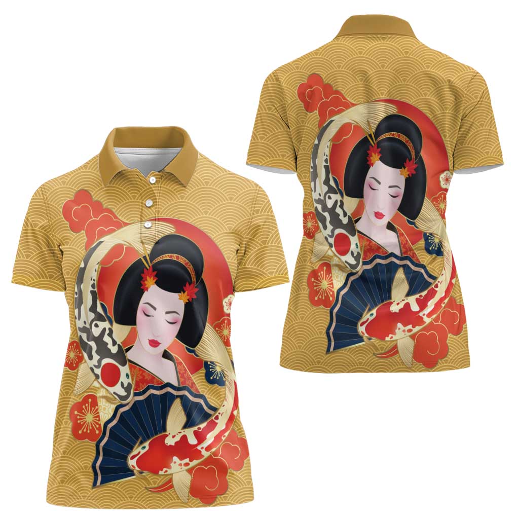 Japanese Geisha Koi Fish Women Polo Shirt Cherry Blossoms Yellow Seigaiha Pattern - Wonder Print Shop