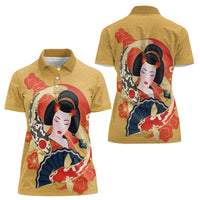 Japanese Geisha Koi Fish Women Polo Shirt Cherry Blossoms Yellow Seigaiha Pattern - Wonder Print Shop