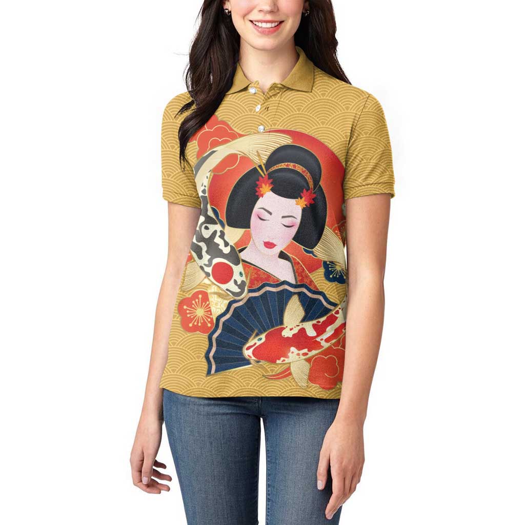 Japanese Geisha Koi Fish Women Polo Shirt Cherry Blossoms Yellow Seigaiha Pattern - Wonder Print Shop