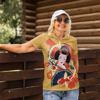 Japanese Geisha Koi Fish Women Polo Shirt Cherry Blossoms Yellow Seigaiha Pattern - Wonder Print Shop