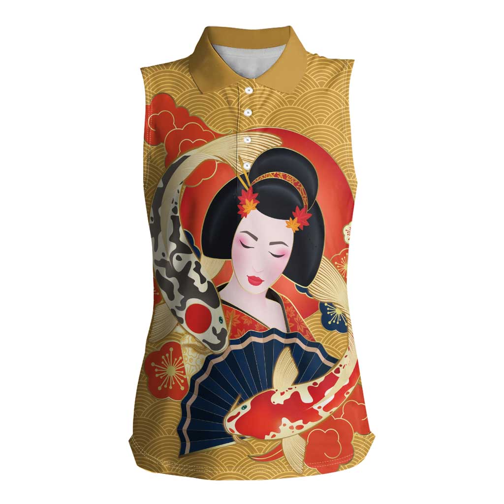 Japanese Geisha Koi Fish Women Sleeveless Polo Shirt Cherry Blossoms Yellow Seigaiha Pattern - Wonder Print Shop