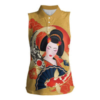 Japanese Geisha Koi Fish Women Sleeveless Polo Shirt Cherry Blossoms Yellow Seigaiha Pattern - Wonder Print Shop
