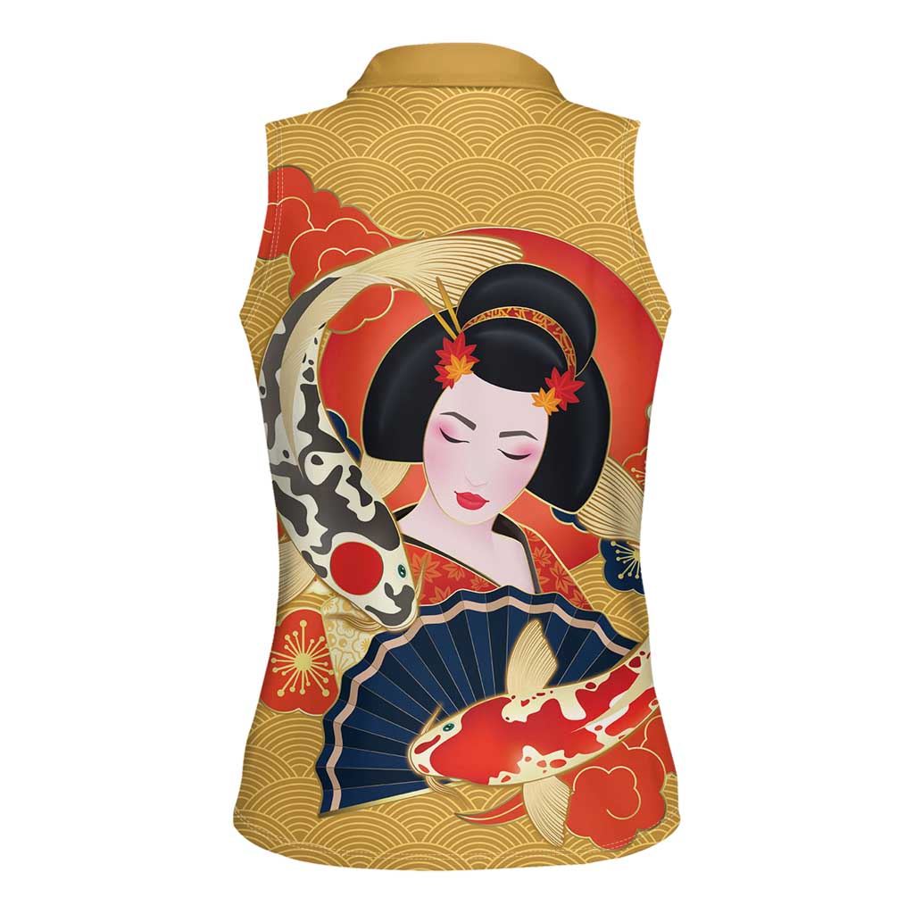 Japanese Geisha Koi Fish Women Sleeveless Polo Shirt Cherry Blossoms Yellow Seigaiha Pattern - Wonder Print Shop