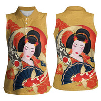 Japanese Geisha Koi Fish Women Sleeveless Polo Shirt Cherry Blossoms Yellow Seigaiha Pattern - Wonder Print Shop