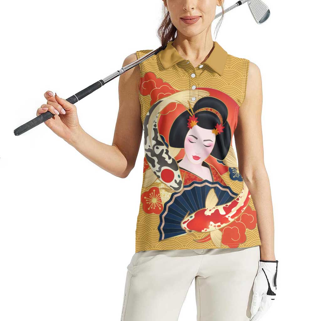 Japanese Geisha Koi Fish Women Sleeveless Polo Shirt Cherry Blossoms Yellow Seigaiha Pattern - Wonder Print Shop