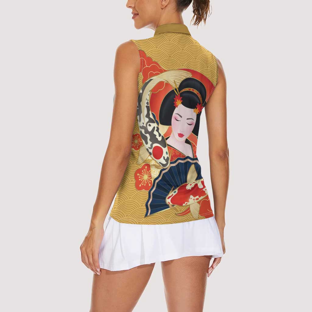 Japanese Geisha Koi Fish Women Sleeveless Polo Shirt Cherry Blossoms Yellow Seigaiha Pattern - Wonder Print Shop