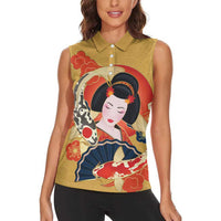Japanese Geisha Koi Fish Women Sleeveless Polo Shirt Cherry Blossoms Yellow Seigaiha Pattern - Wonder Print Shop