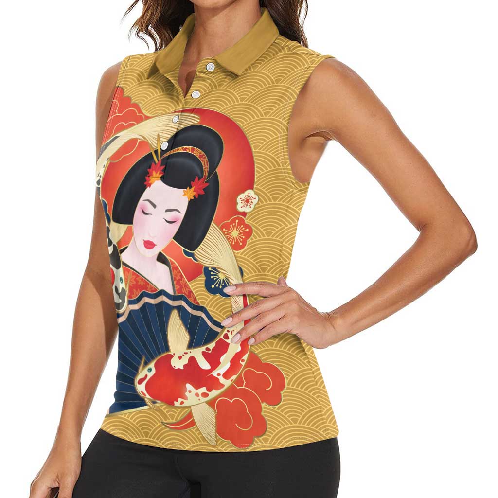 Japanese Geisha Koi Fish Women Sleeveless Polo Shirt Cherry Blossoms Yellow Seigaiha Pattern - Wonder Print Shop