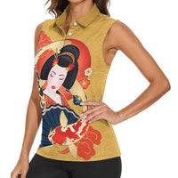 Japanese Geisha Koi Fish Women Sleeveless Polo Shirt Cherry Blossoms Yellow Seigaiha Pattern - Wonder Print Shop
