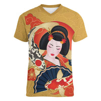 Japanese Geisha Koi Fish Women V-Neck T-Shirt Cherry Blossoms Yellow Seigaiha Pattern - Wonder Print Shop
