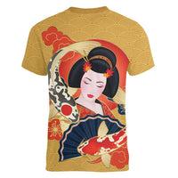 Japanese Geisha Koi Fish Women V-Neck T-Shirt Cherry Blossoms Yellow Seigaiha Pattern - Wonder Print Shop