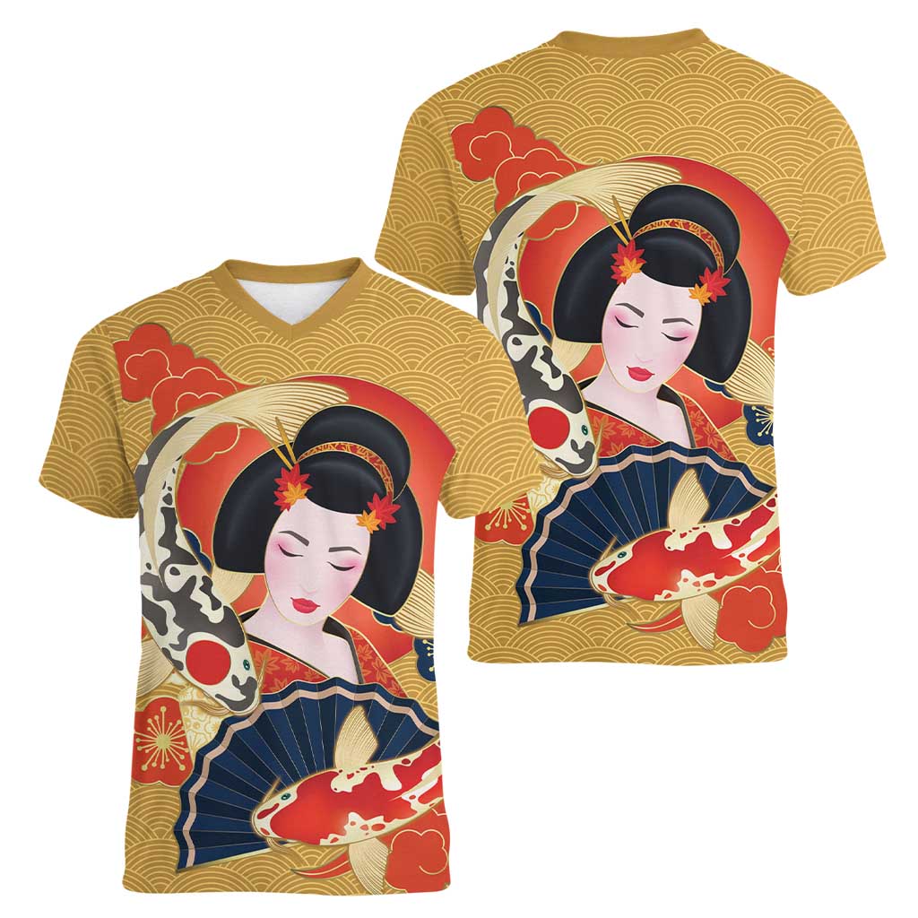 Japanese Geisha Koi Fish Women V-Neck T-Shirt Cherry Blossoms Yellow Seigaiha Pattern - Wonder Print Shop