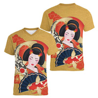 Japanese Geisha Koi Fish Women V-Neck T-Shirt Cherry Blossoms Yellow Seigaiha Pattern - Wonder Print Shop