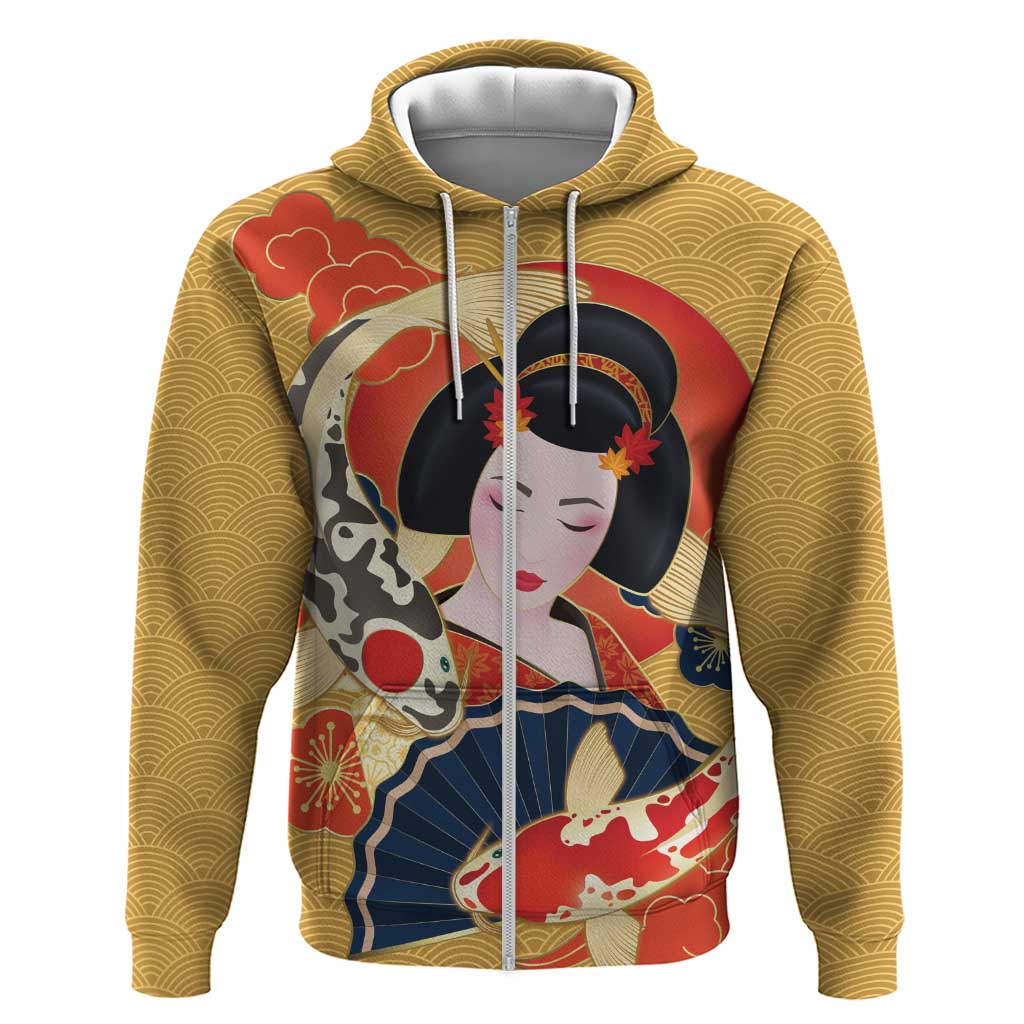 Japanese Geisha Koi Fish Zip Hoodie Cherry Blossoms Yellow Seigaiha Pattern - Wonder Print Shop
