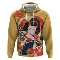 Japanese Geisha Koi Fish Zip Hoodie Cherry Blossoms Yellow Seigaiha Pattern - Wonder Print Shop