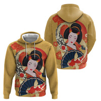 Japanese Geisha Koi Fish Zip Hoodie Cherry Blossoms Yellow Seigaiha Pattern - Wonder Print Shop