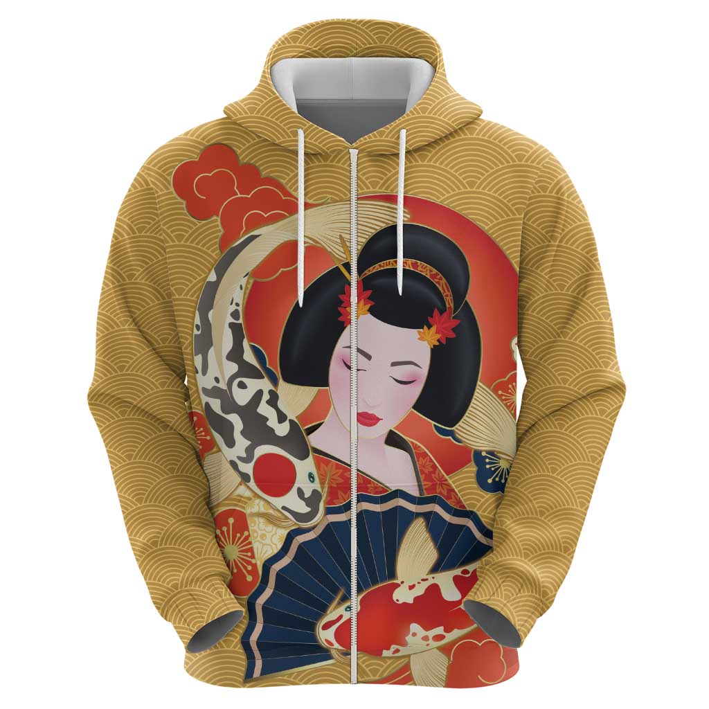 Japanese Geisha Koi Fish Zip Hoodie Cherry Blossoms Yellow Seigaiha Pattern - Wonder Print Shop