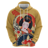 Japanese Geisha Koi Fish Zip Hoodie Cherry Blossoms Yellow Seigaiha Pattern - Wonder Print Shop