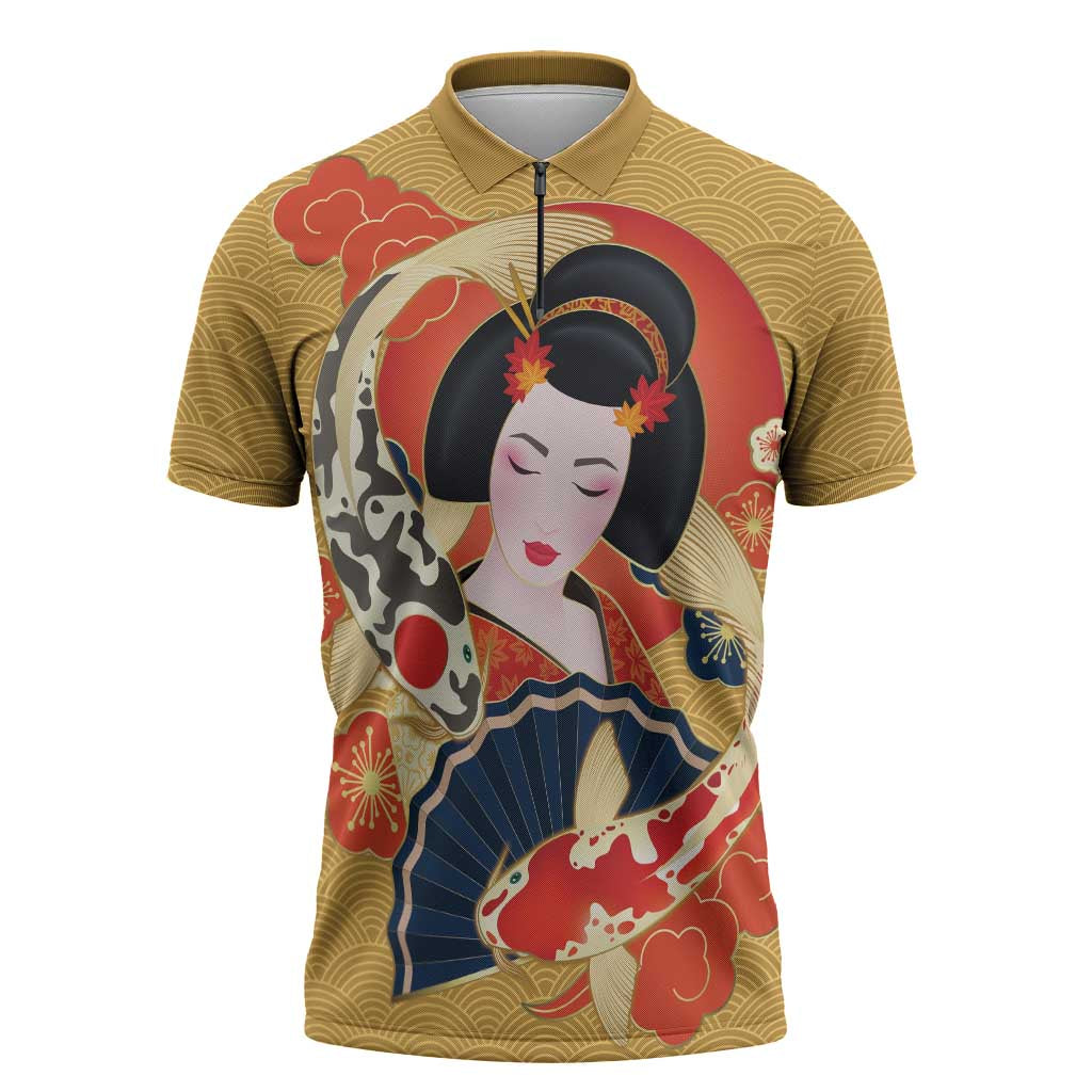 Japanese Geisha Koi Fish Zipper Polo Shirt Cherry Blossoms Yellow Seigaiha Pattern - Wonder Print Shop