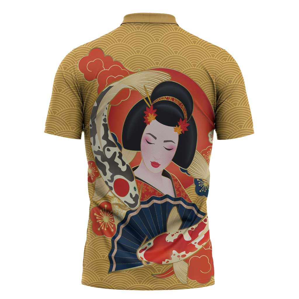 Japanese Geisha Koi Fish Zipper Polo Shirt Cherry Blossoms Yellow Seigaiha Pattern - Wonder Print Shop
