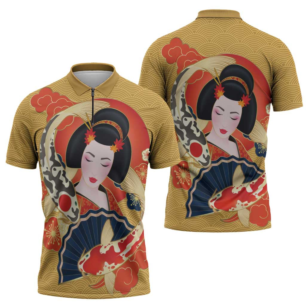 Japanese Geisha Koi Fish Zipper Polo Shirt Cherry Blossoms Yellow Seigaiha Pattern - Wonder Print Shop