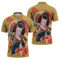 Japanese Geisha Koi Fish Zipper Polo Shirt Cherry Blossoms Yellow Seigaiha Pattern - Wonder Print Shop