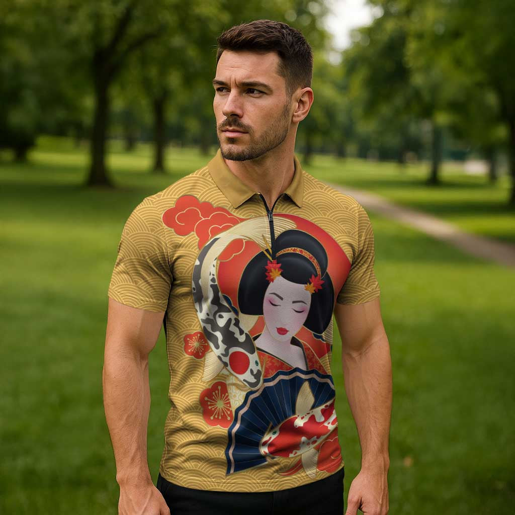 Japanese Geisha Koi Fish Zipper Polo Shirt Cherry Blossoms Yellow Seigaiha Pattern - Wonder Print Shop
