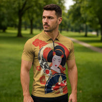 Japanese Geisha Koi Fish Zipper Polo Shirt Cherry Blossoms Yellow Seigaiha Pattern - Wonder Print Shop
