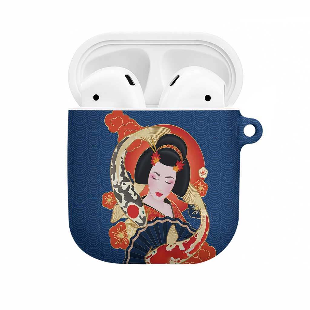 Japanese Geisha Koi Fish AirPods Case Cherry Blossoms Blue Seigaiha Pattern - Wonder Print Shop