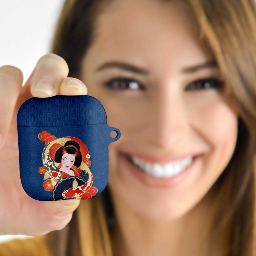 Japanese Geisha Koi Fish AirPods Case Cherry Blossoms Blue Seigaiha Pattern - Wonder Print Shop