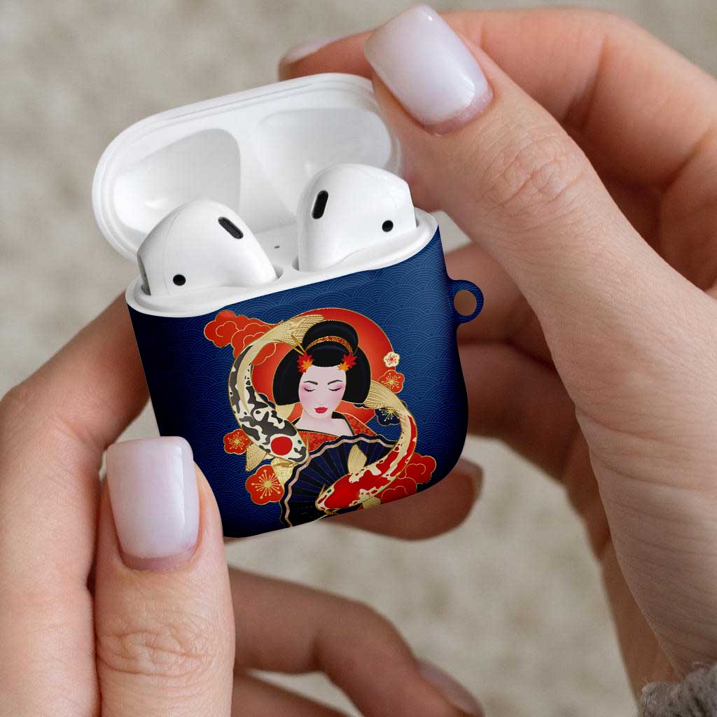 Japanese Geisha Koi Fish AirPods Case Cherry Blossoms Blue Seigaiha Pattern - Wonder Print Shop