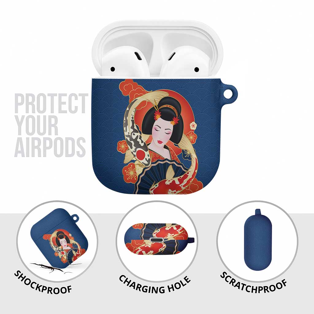 Japanese Geisha Koi Fish AirPods Case Cherry Blossoms Blue Seigaiha Pattern - Wonder Print Shop