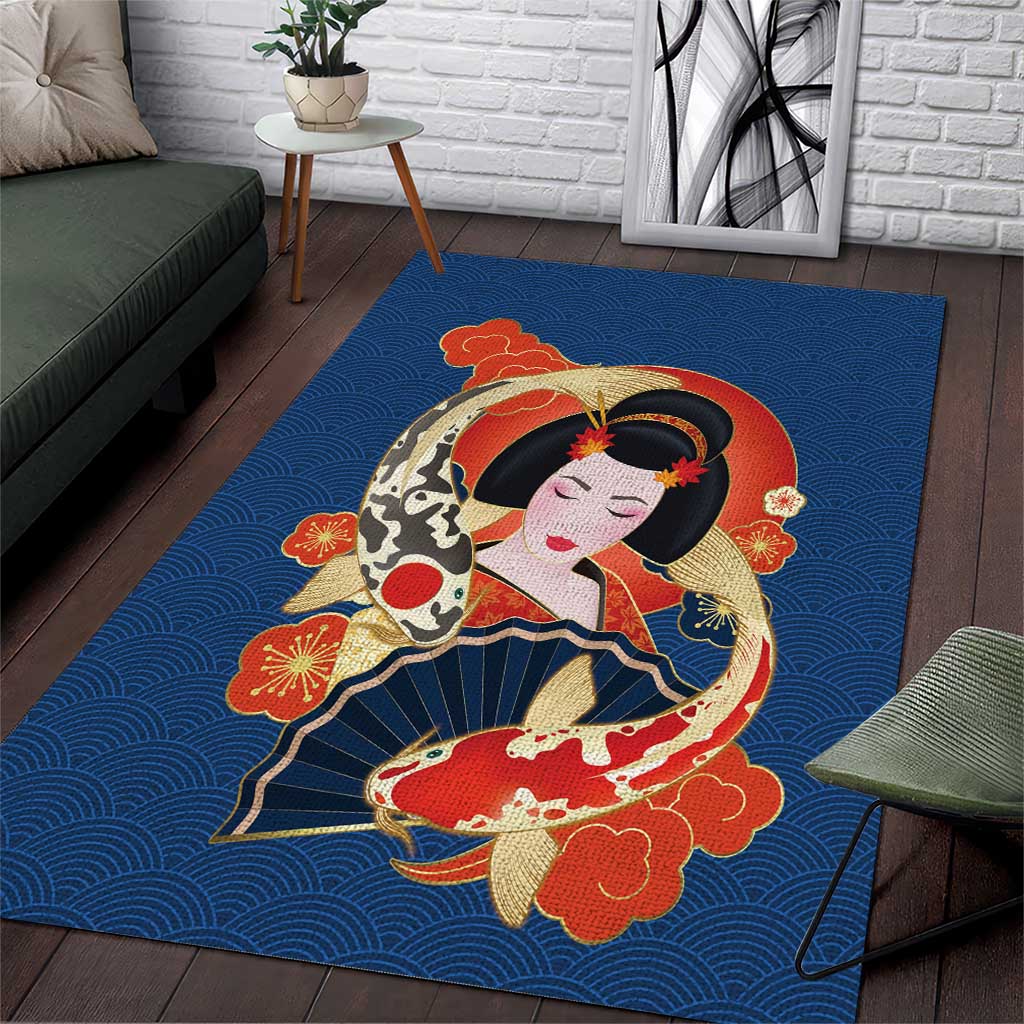 Japanese Geisha Koi Fish Area Rug Cherry Blossoms Blue Seigaiha Pattern - Wonder Print Shop