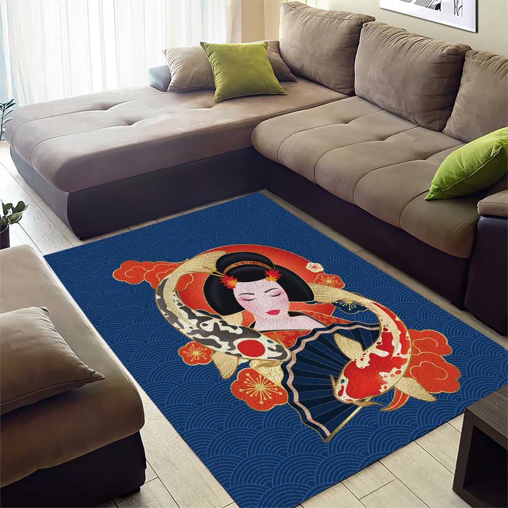 Japanese Geisha Koi Fish Area Rug Cherry Blossoms Blue Seigaiha Pattern - Wonder Print Shop