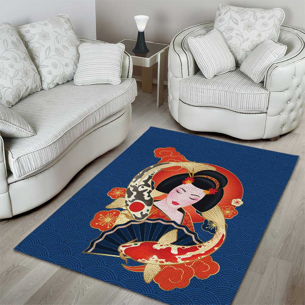 Japanese Geisha Koi Fish Area Rug Cherry Blossoms Blue Seigaiha Pattern - Wonder Print Shop