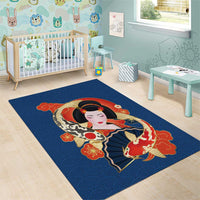 Japanese Geisha Koi Fish Area Rug Cherry Blossoms Blue Seigaiha Pattern - Wonder Print Shop