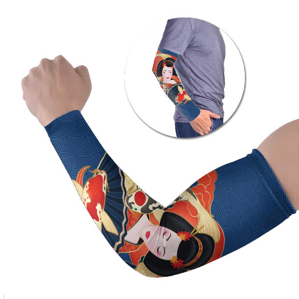 Japanese Geisha Koi Fish Arm Sleeves Cherry Blossoms Blue Seigaiha Pattern - Wonder Print Shop