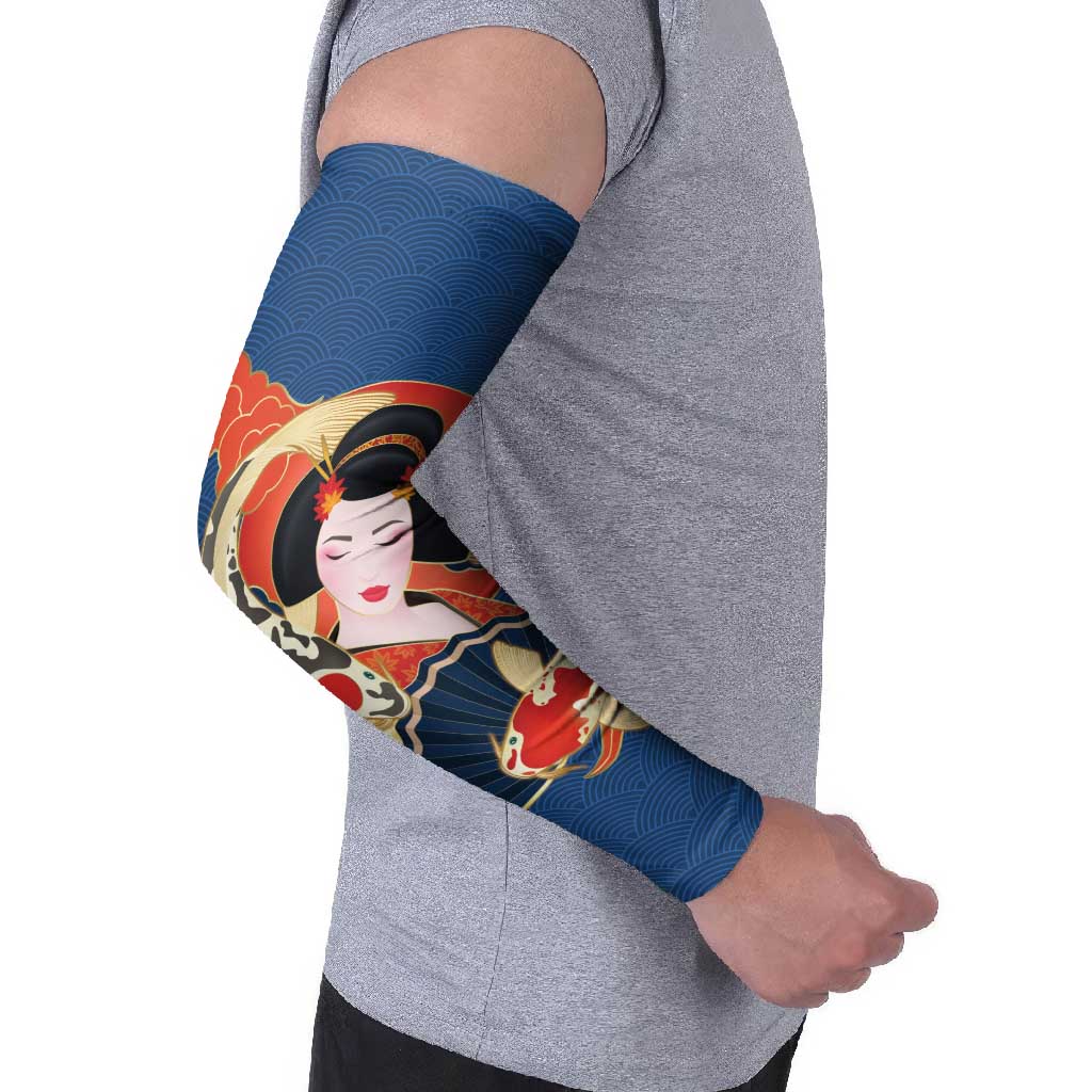 Japanese Geisha Koi Fish Arm Sleeves Cherry Blossoms Blue Seigaiha Pattern - Wonder Print Shop