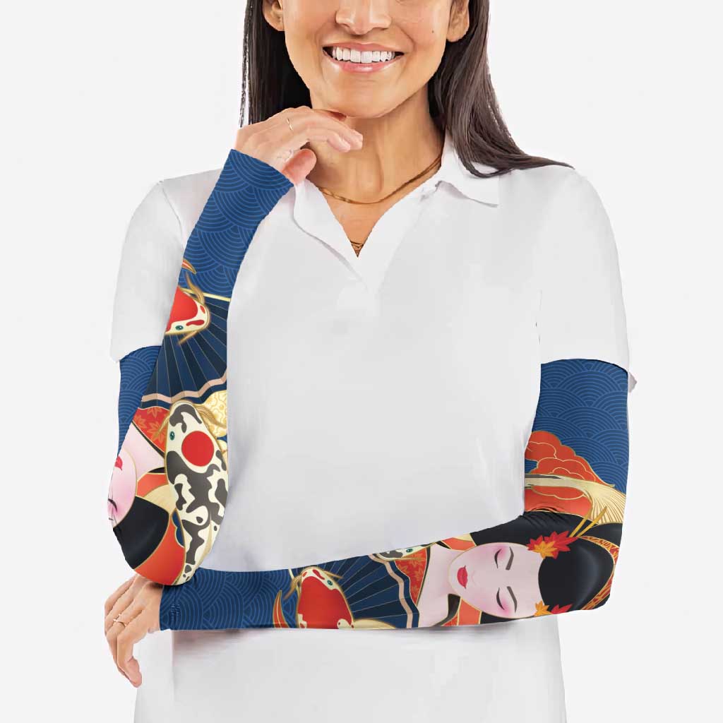 Japanese Geisha Koi Fish Arm Sleeves Cherry Blossoms Blue Seigaiha Pattern - Wonder Print Shop