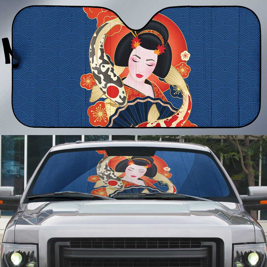Japanese Geisha Koi Fish Auto Sun Shade Cherry Blossoms Blue Seigaiha Pattern - Wonder Print Shop