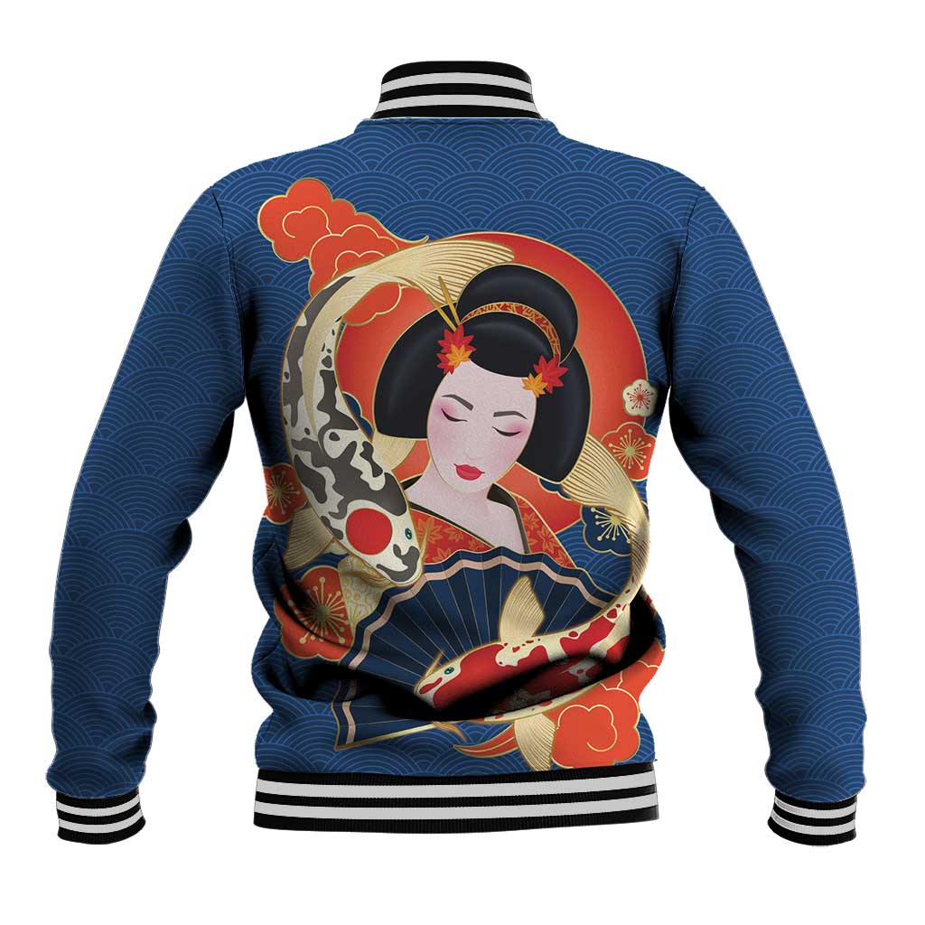 Japanese Geisha Koi Fish Baseball Jacket Cherry Blossoms Blue Seigaiha Pattern - Wonder Print Shop