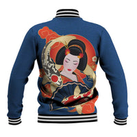 Japanese Geisha Koi Fish Baseball Jacket Cherry Blossoms Blue Seigaiha Pattern - Wonder Print Shop