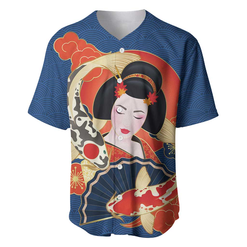 Japanese Geisha Koi Fish Baseball Jersey Cherry Blossoms Blue Seigaiha Pattern - Wonder Print Shop