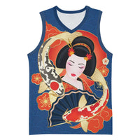 Japanese Geisha Koi Fish Basketball Jersey Cherry Blossoms Blue Seigaiha Pattern - Wonder Print Shop