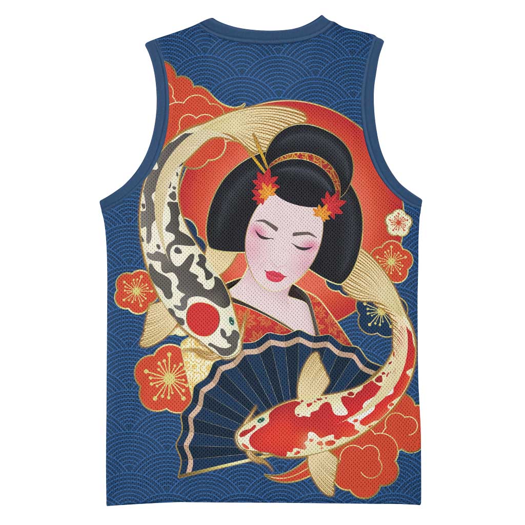 Japanese Geisha Koi Fish Basketball Jersey Cherry Blossoms Blue Seigaiha Pattern - Wonder Print Shop
