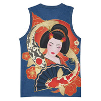 Japanese Geisha Koi Fish Basketball Jersey Cherry Blossoms Blue Seigaiha Pattern - Wonder Print Shop