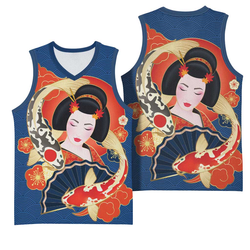 Japanese Geisha Koi Fish Basketball Jersey Cherry Blossoms Blue Seigaiha Pattern - Wonder Print Shop