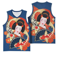 Japanese Geisha Koi Fish Basketball Jersey Cherry Blossoms Blue Seigaiha Pattern - Wonder Print Shop